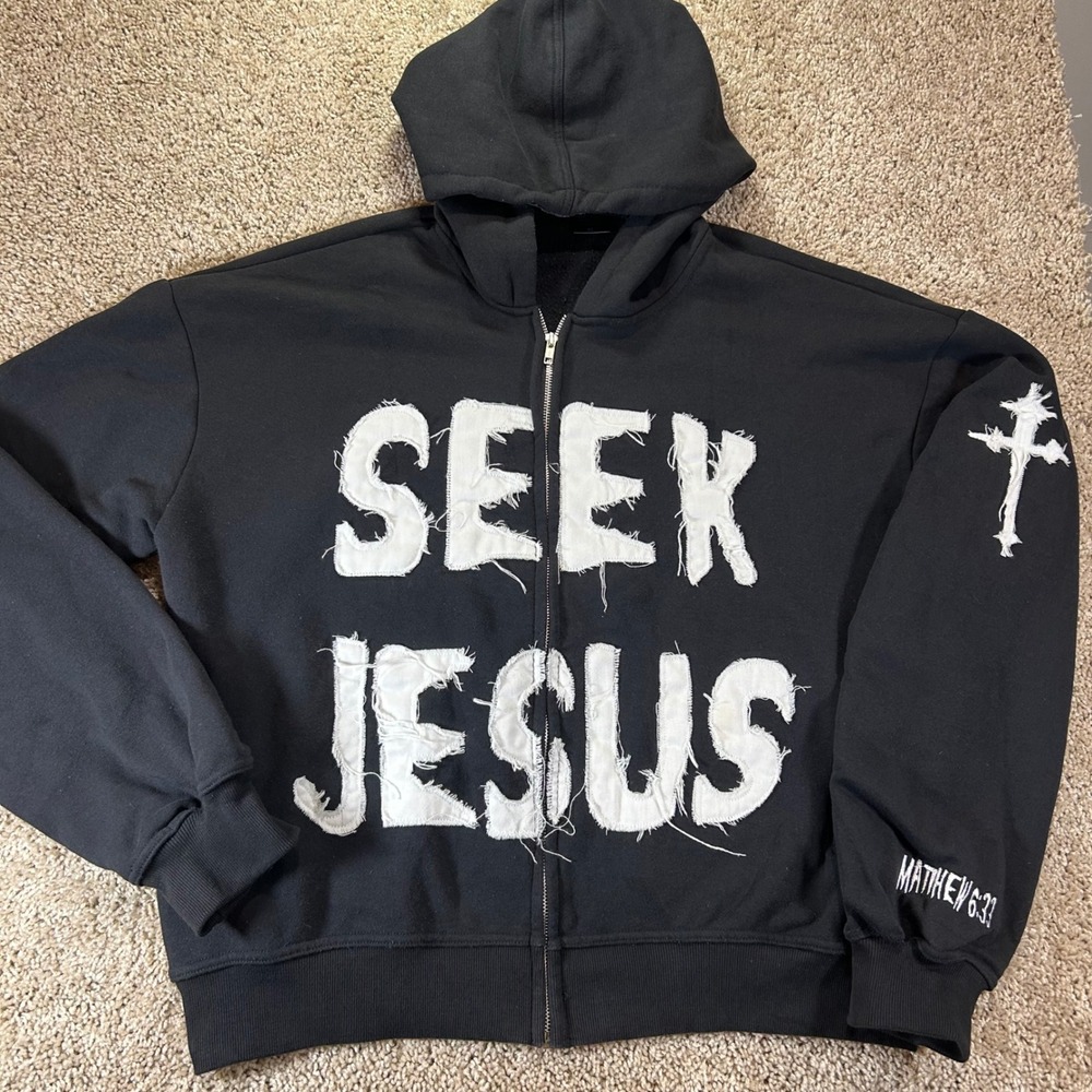 MSYCO Zip Hoodie Mens XL Black Seek Jesus Distressed Streetwear Matthew 6:33